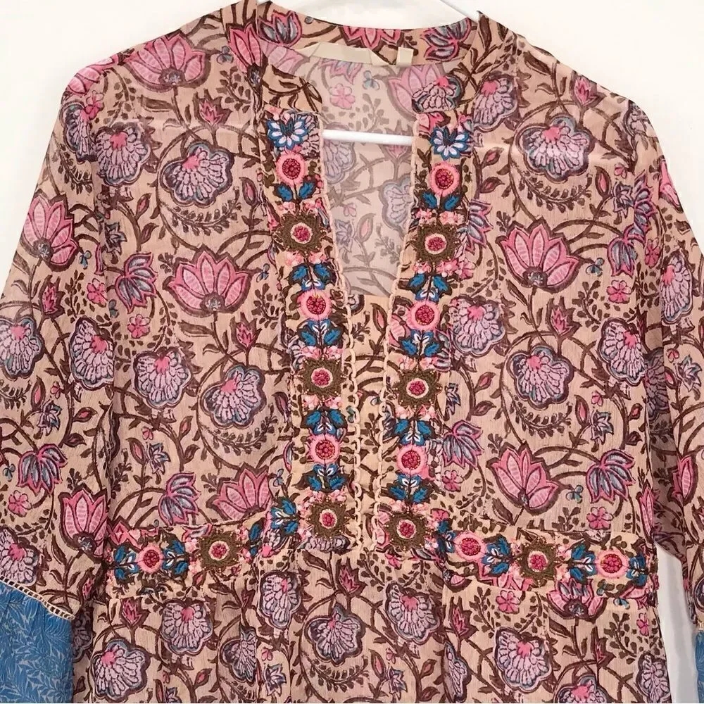 Soft Surroundings Pergola Blue Pink Floral Embroidered Sparkle Peasant Blouse